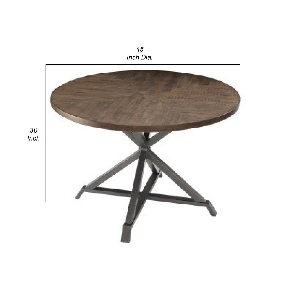 Fena Dining Table, Round 45 Inch Brown Wood Top, Gray Metal Star Base -BM336009