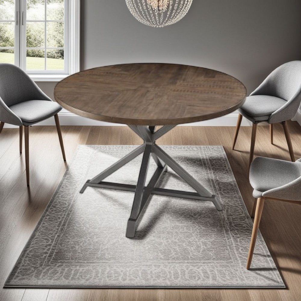 Fena Dining Table, Round 45 Inch Brown Wood Top, Gray Metal Star Base -BM336009