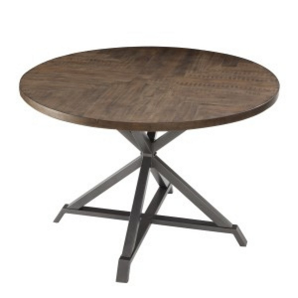 Fena Dining Table, Round 45 Inch Brown Wood Top, Gray Metal Star Base -BM336009