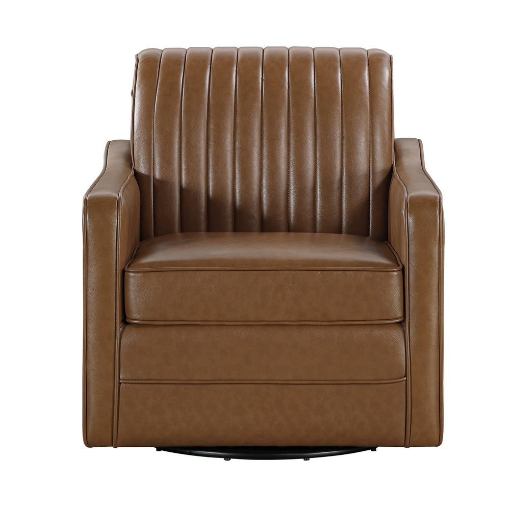 Vemy Swivel Chair, Vertical Channel Tufted Back, Brown Faux Leather -BM336016