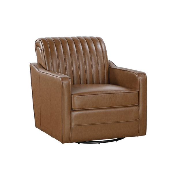 Vemy Swivel Chair, Vertical Channel Tufted Back, Brown Faux Leather -BM336016