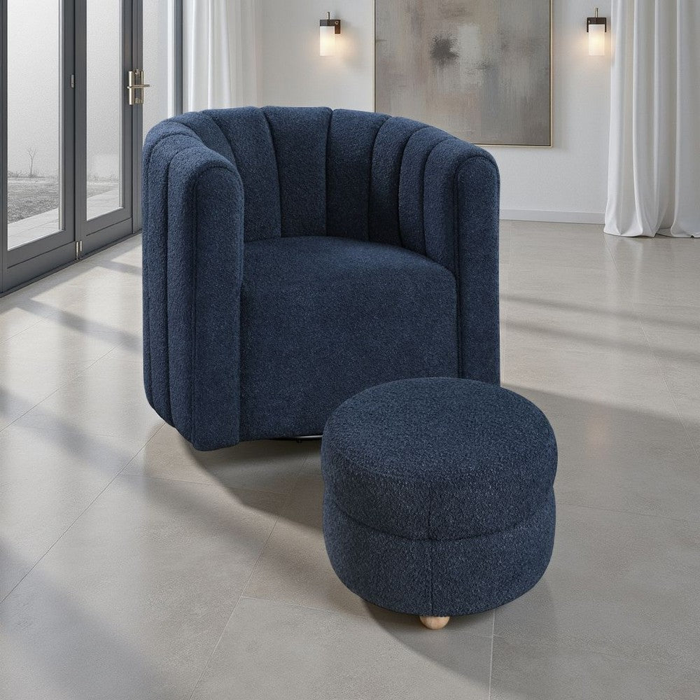 Noa Swivel Chair and Ottoman, Channel Tufted Curved Back, Blue Boucle -BM336017