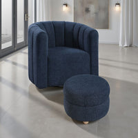 Noa Swivel Chair and Ottoman, Channel Tufted Curved Back, Blue Boucle -BM336017