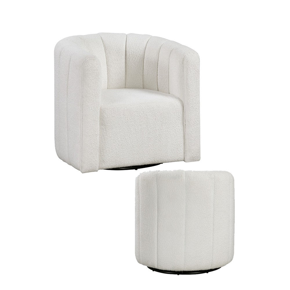 Noa Swivel Chair and Ottoman, Channel Tufted Curved Back, White Boucle -BM336019