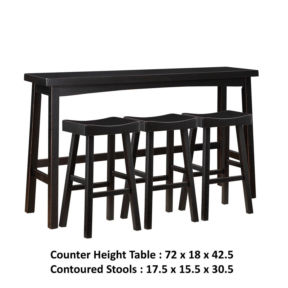 Casy 4pc Bar Height Table Set, 3 Contoured Stools, Black Rubberwood -BM336035