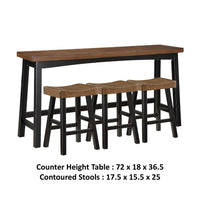 Casy 4pc Counter Height Table Set, 3 Contour Stools, Black Brown Wood -BM336036