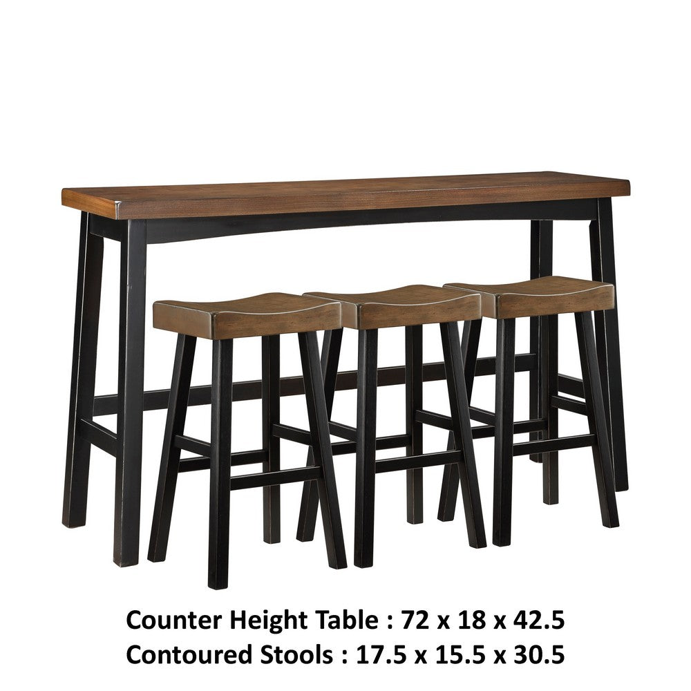 Casy 4pc Bar Height Table Set, 3 Contour Stools, Black Brown Wood -BM336037