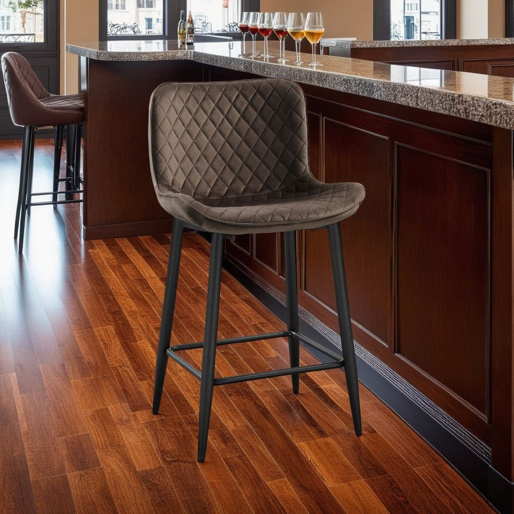 Aniya Counter Stool Chair Set of 2, Black Metal Legs, Brown Velvet -BM336040