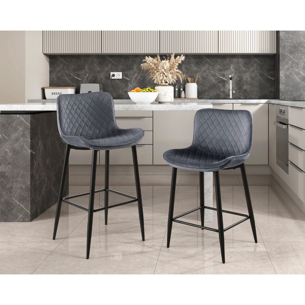Aniya Bar Stool Chair Set of 2, Black Metal Legs, Dark Gray Velvet -BM336045
