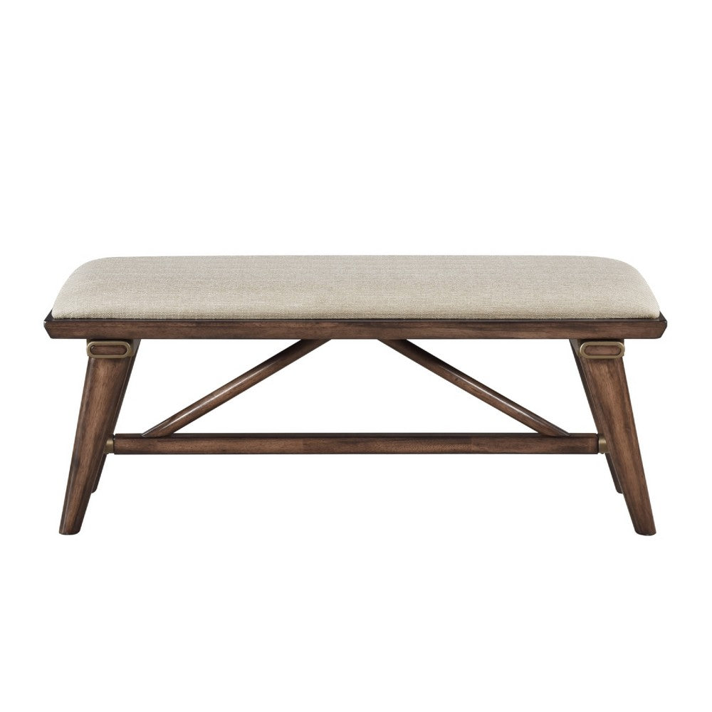 Manny Bench with Brown Angled Legs, Cream Textured Polyester, 47 Inch -BM336051