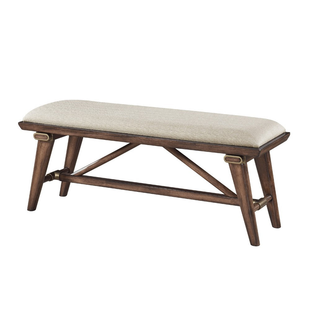 Manny Bench with Brown Angled Legs, Cream Textured Polyester, 47 Inch -BM336051