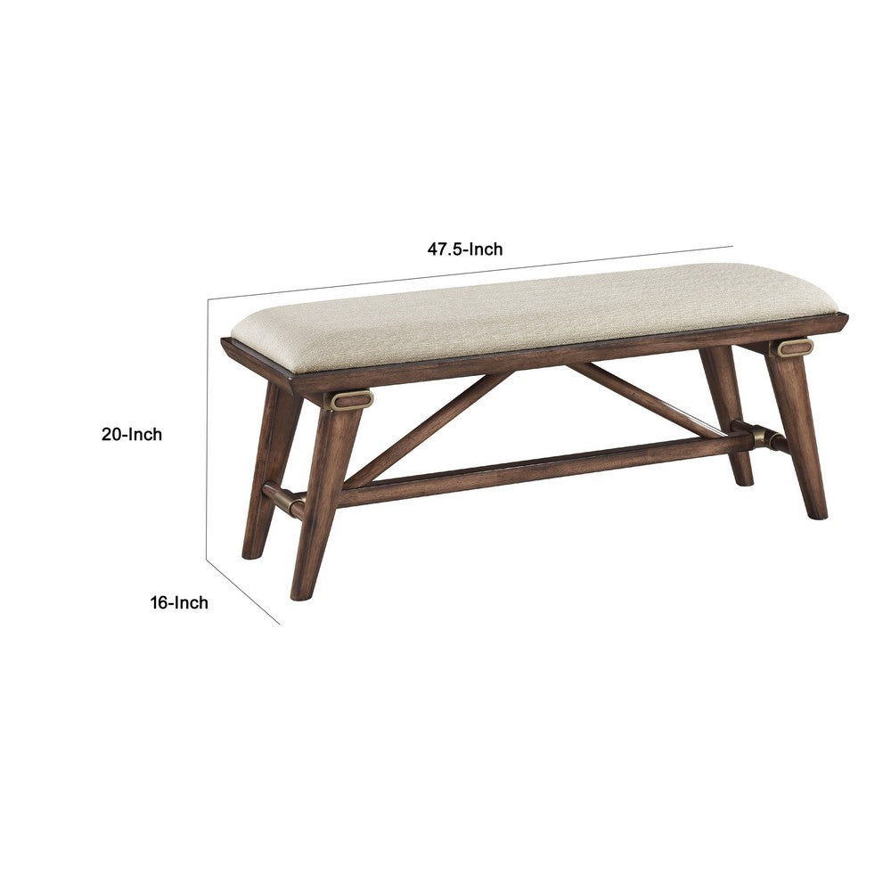 Manny Bench with Brown Angled Legs, Cream Textured Polyester, 47 Inch -BM336051