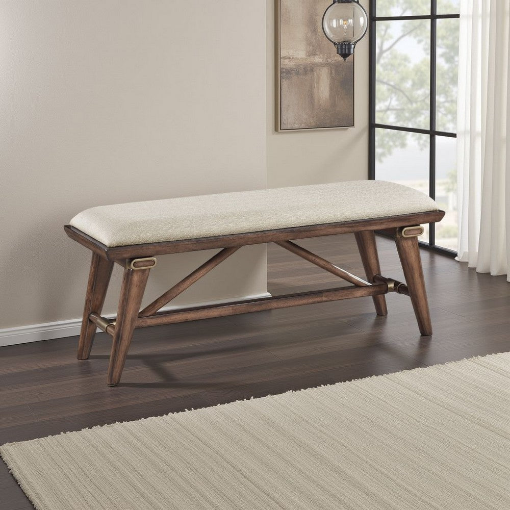 Manny Bench with Brown Angled Legs, Cream Textured Polyester, 47 Inch -BM336051