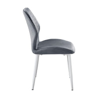 Bailey Dining Chair Set of 2, White Metal, Gray Diamond Quilted Velvet -BM336056