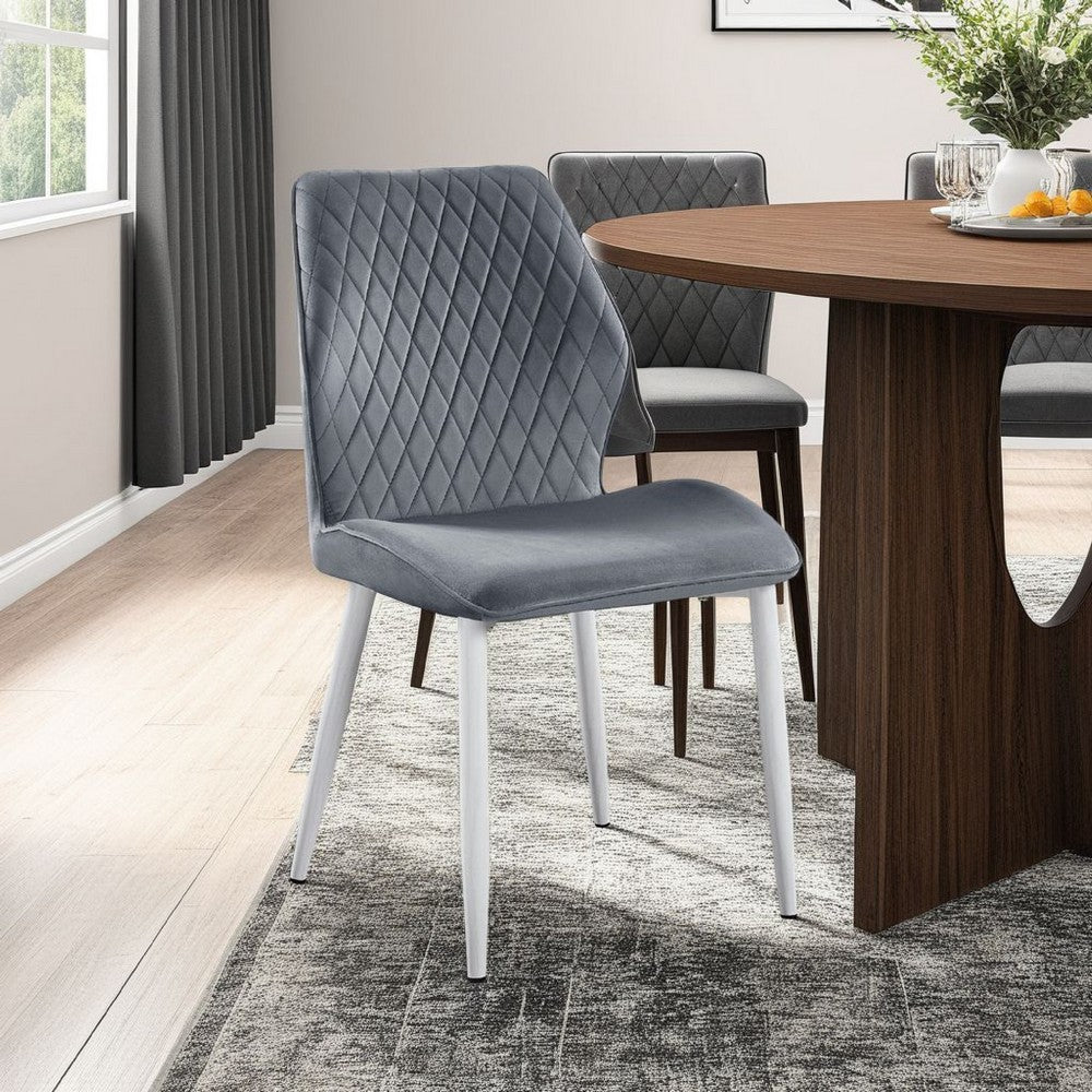 Bailey Dining Chair Set of 2, White Metal, Gray Diamond Quilted Velvet -BM336056