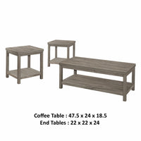Rie 3pc Coffee Table Set with 2 End Tables, Lower Shelves, Gray Wood -BM336083