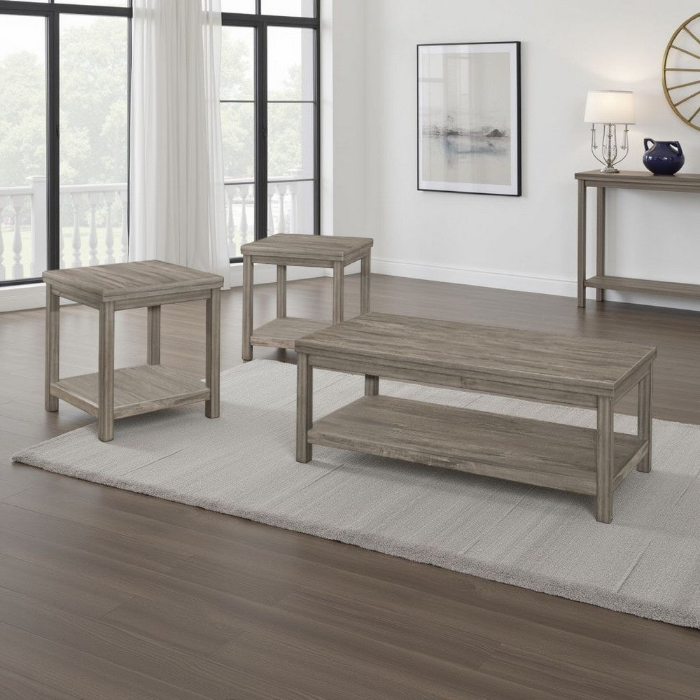 Rie 3pc Coffee Table Set with 2 End Tables, Lower Shelves, Gray Wood -BM336083