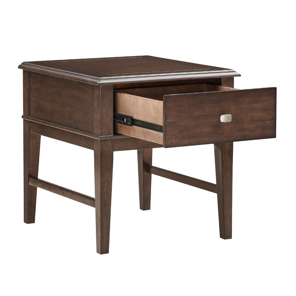 Merry End Table with USB Ports and Drawer, Brown Birch Wood 26 Inch -BM336084