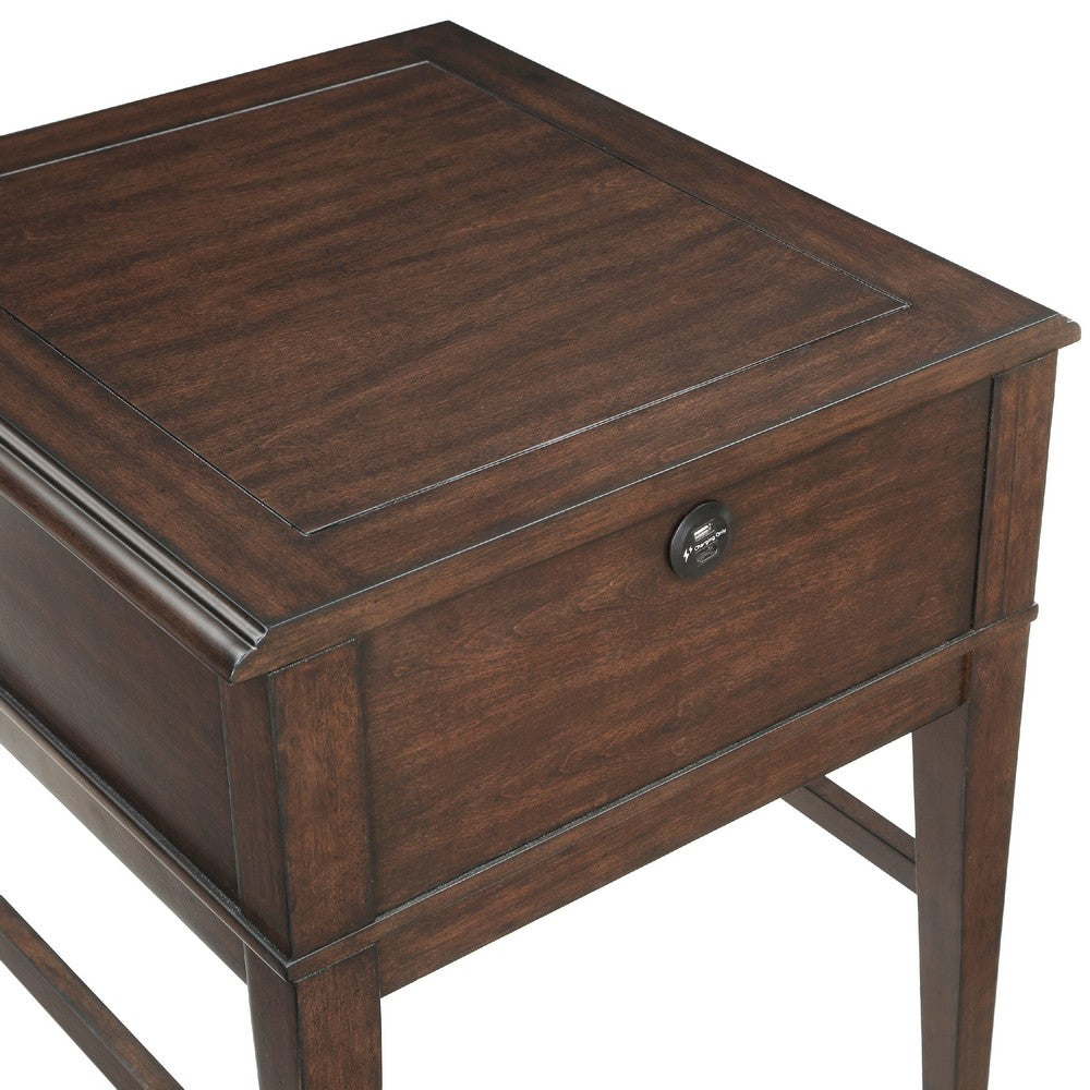 Merry End Table with USB Ports and Drawer, Brown Birch Wood 26 Inch -BM336084