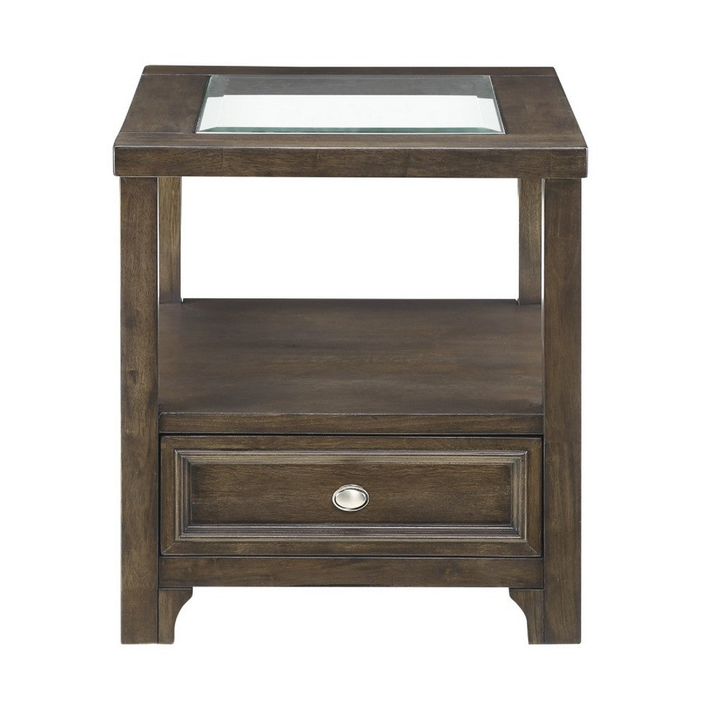 Berny End Table w Glass Top, Drawer, Shelf, Charcoal Brown 26 Inch -BM336088