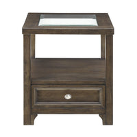 Berny End Table w Glass Top, Drawer, Shelf, Charcoal Brown 26 Inch -BM336088