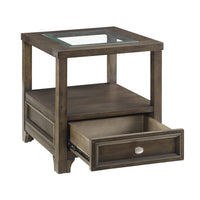 Berny End Table w Glass Top, Drawer, Shelf, Charcoal Brown 26 Inch -BM336088