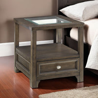 Berny End Table w Glass Top, Drawer, Shelf, Charcoal Brown 26 Inch -BM336088