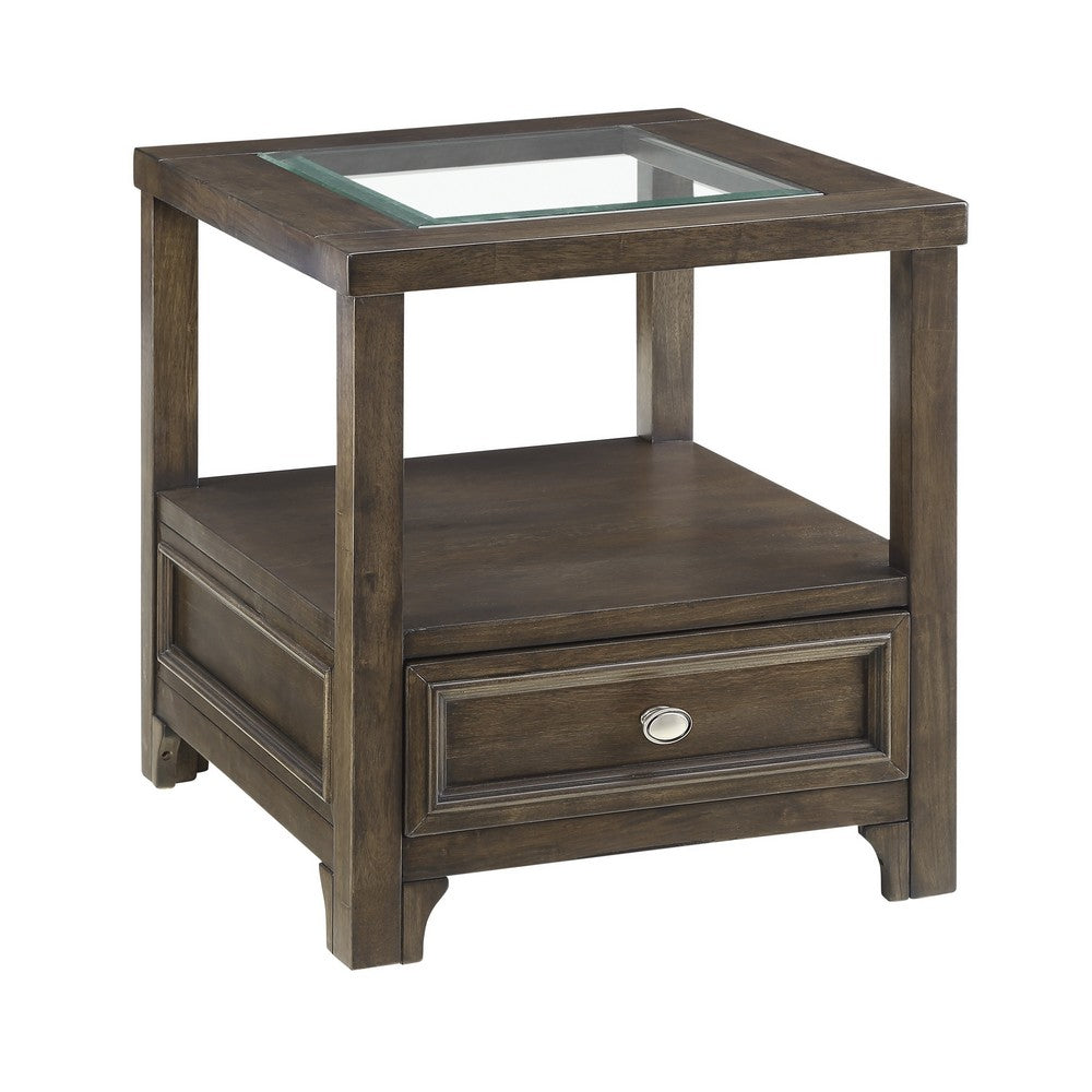 Berny End Table w Glass Top, Drawer, Shelf, Charcoal Brown 26 Inch -BM336088