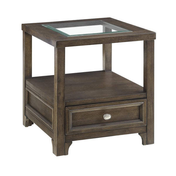Berny End Table w Glass Top, Drawer, Shelf, Charcoal Brown 26 Inch -BM336088