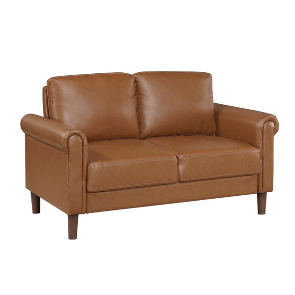 Lo Loveseat w Rolled Arms, Mid Century Brown Faux Leather 57 Inch -BM336146