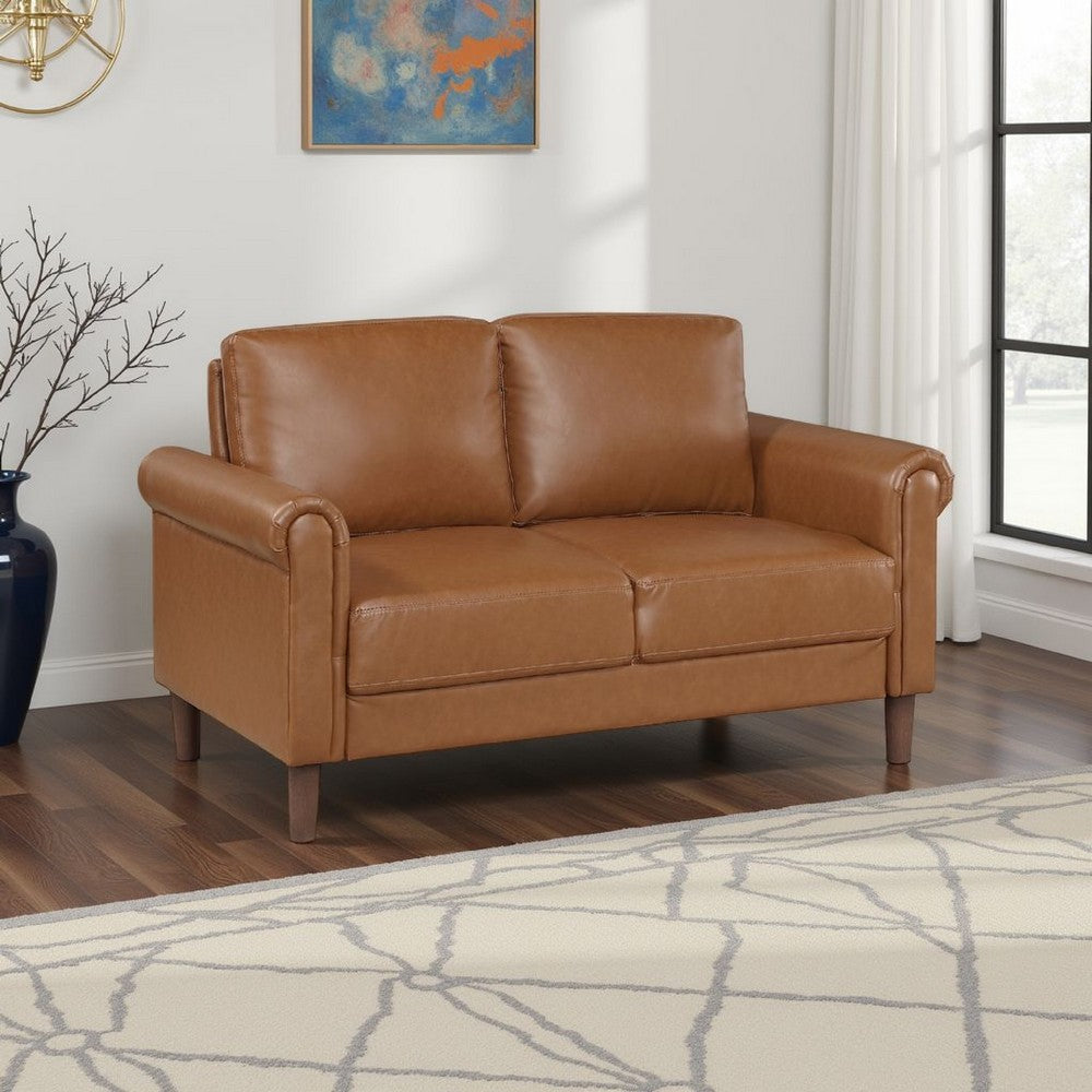 Lo Loveseat w Rolled Arms, Mid Century Brown Faux Leather 57 Inch -BM336146