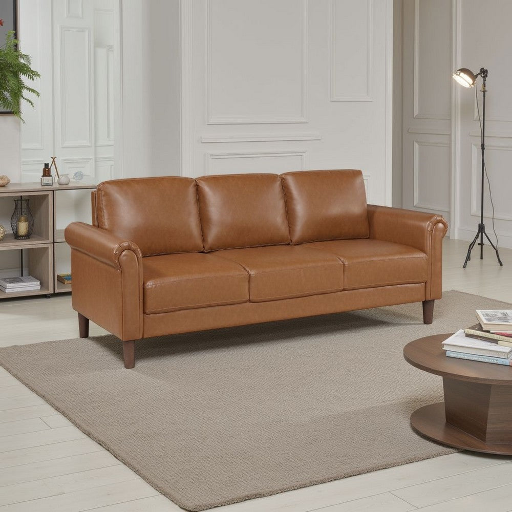Lo Sofa w Rolled Arms, Mid Century Brown Faux Leather 79 Inch -BM336147