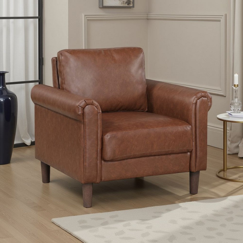 Lo Accent Chair w Rolled Arms, Mid Century Dark Brown Faux Leather -BM336148