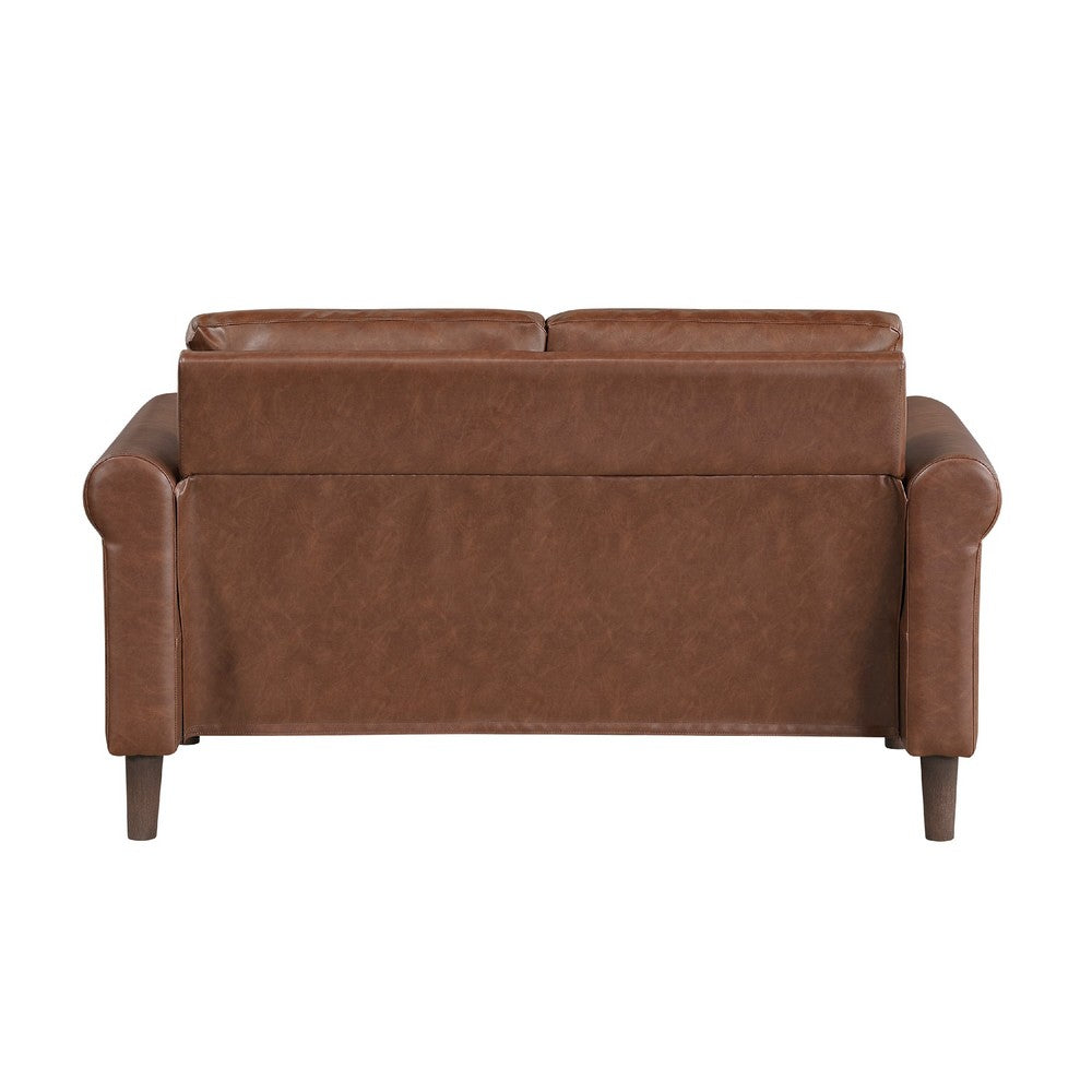 Lo Loveseat w Rolled Arms, Mid Century Dark Brown Faux Leather 57 Inch -BM336149