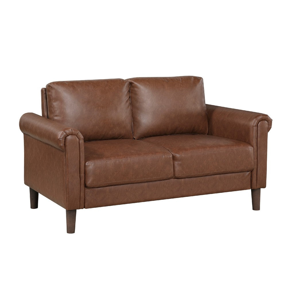 Lo Loveseat w Rolled Arms, Mid Century Dark Brown Faux Leather 57 Inch -BM336149