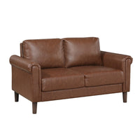 Lo Loveseat w Rolled Arms, Mid Century Dark Brown Faux Leather 57 Inch -BM336149
