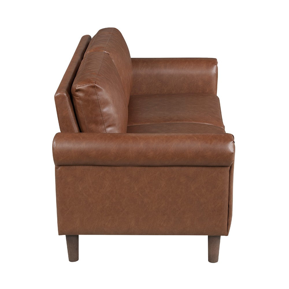 Lo Loveseat w Rolled Arms, Mid Century Dark Brown Faux Leather 57 Inch -BM336149