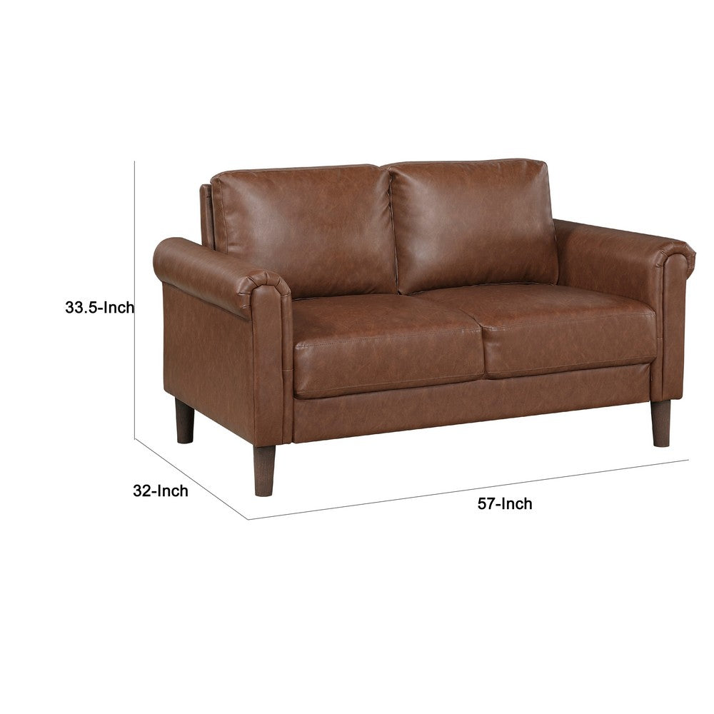 Lo Loveseat w Rolled Arms, Mid Century Dark Brown Faux Leather 57 Inch -BM336149