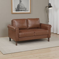 Lo Loveseat w Rolled Arms, Mid Century Dark Brown Faux Leather 57 Inch -BM336149