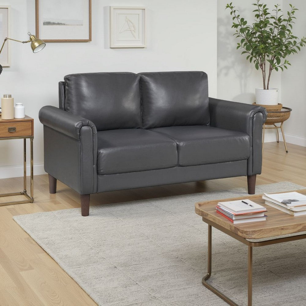 Lo Loveseat w Rolled Arms, Midcentury Dark Gray Faux Leather 57 Inch -BM336152