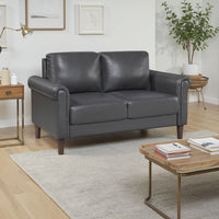 Lo Loveseat w Rolled Arms, Midcentury Dark Gray Faux Leather 57 Inch -BM336152