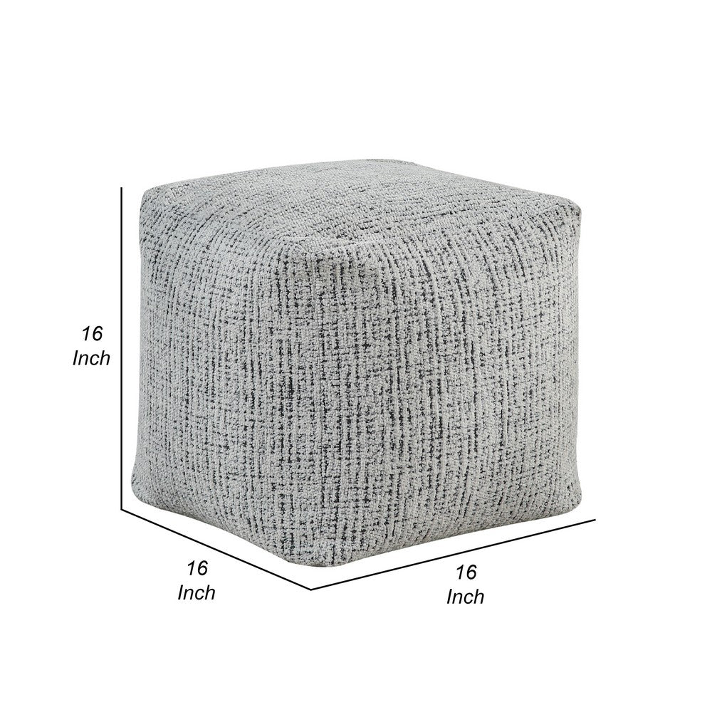 Modern Pouf Ottoman, Black White Textured Chenille, 16 Inch Square -BM336166