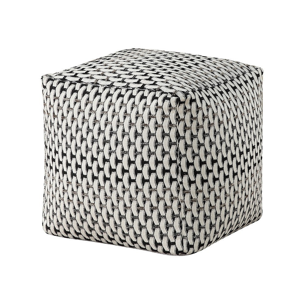 Modern Pouf Ottoman, Black White Basket Woven Jacquard, 16 Inch Square -BM336167
