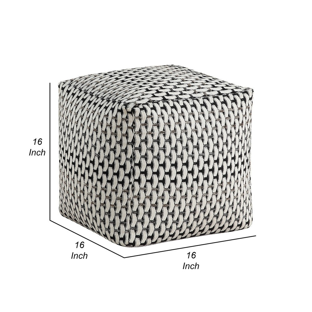 Modern Pouf Ottoman, Black White Basket Woven Jacquard, 16 Inch Square -BM336167
