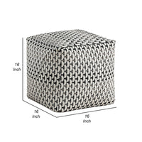 Modern Pouf Ottoman, Black White Basket Woven Jacquard, 16 Inch Square -BM336167