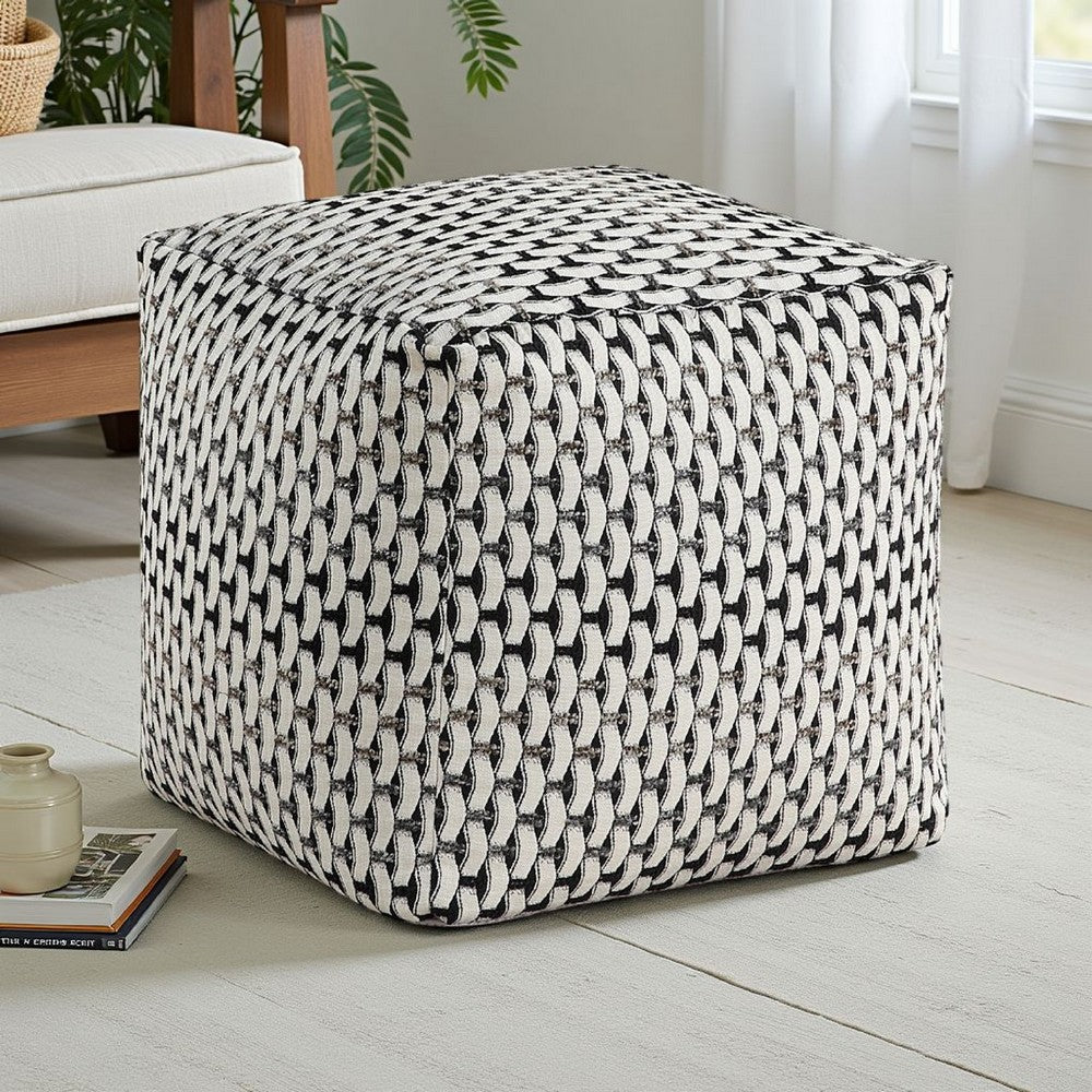 Modern Pouf Ottoman, Black White Basket Woven Jacquard, 16 Inch Square -BM336167
