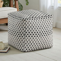 Modern Pouf Ottoman, Black White Basket Woven Jacquard, 16 Inch Square -BM336167