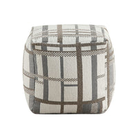 Modern Pouf Ottoman, Beige Gray Chunky Plaid Jacquard, 16 Inch Square -BM336168