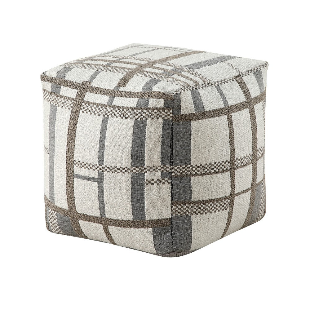 Modern Pouf Ottoman, Beige Gray Chunky Plaid Jacquard, 16 Inch Square -BM336168