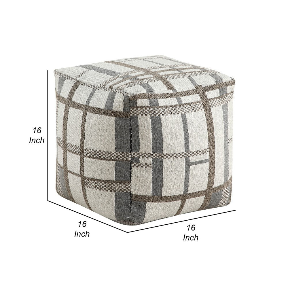 Modern Pouf Ottoman, Beige Gray Chunky Plaid Jacquard, 16 Inch Square -BM336168
